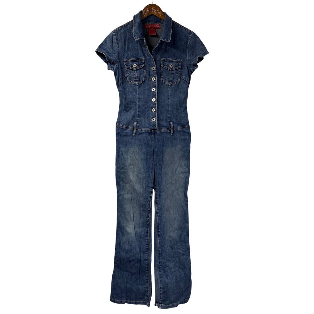 Hot Kiss Jean Collared Jumpsuit Small Stretchy Denim Vintage Cap Sleeve